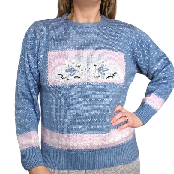 Retro‎ 80s Bunny Rabbit S/M Blue Sweater Hearts Easter Novelty Pastel Pullover - Picture 1 of 13